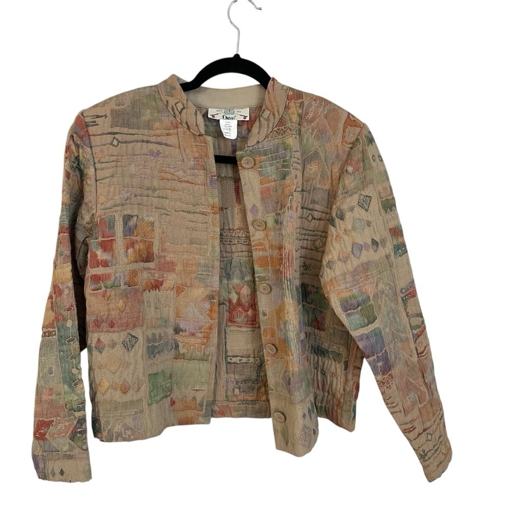 Orvis Women’s Long Sleeve Button Up Tan Abstract Quilted Cropped Jacket Sz S GUC